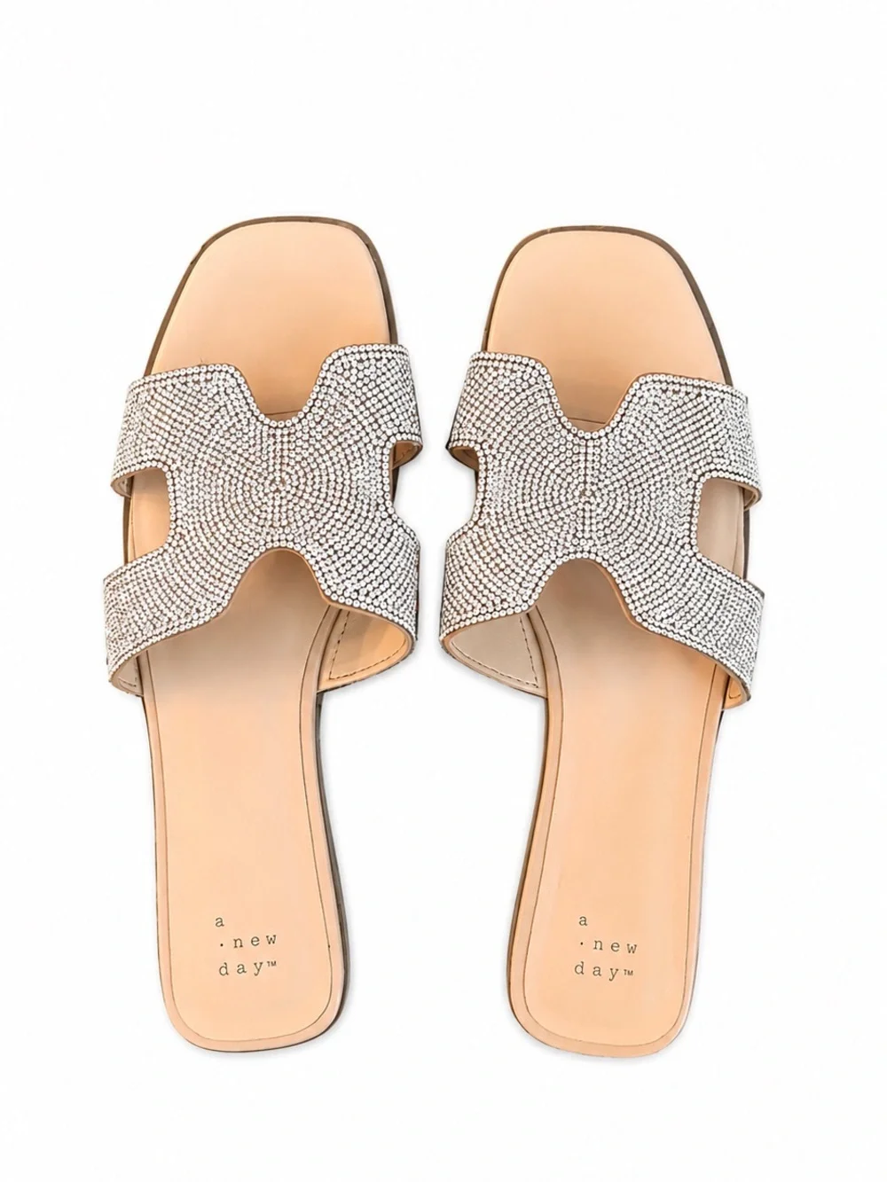 Sparkly Rhinestones Nude Slide Sandals with Crystal-Strap Accents in H Style - Picture 4 of 11